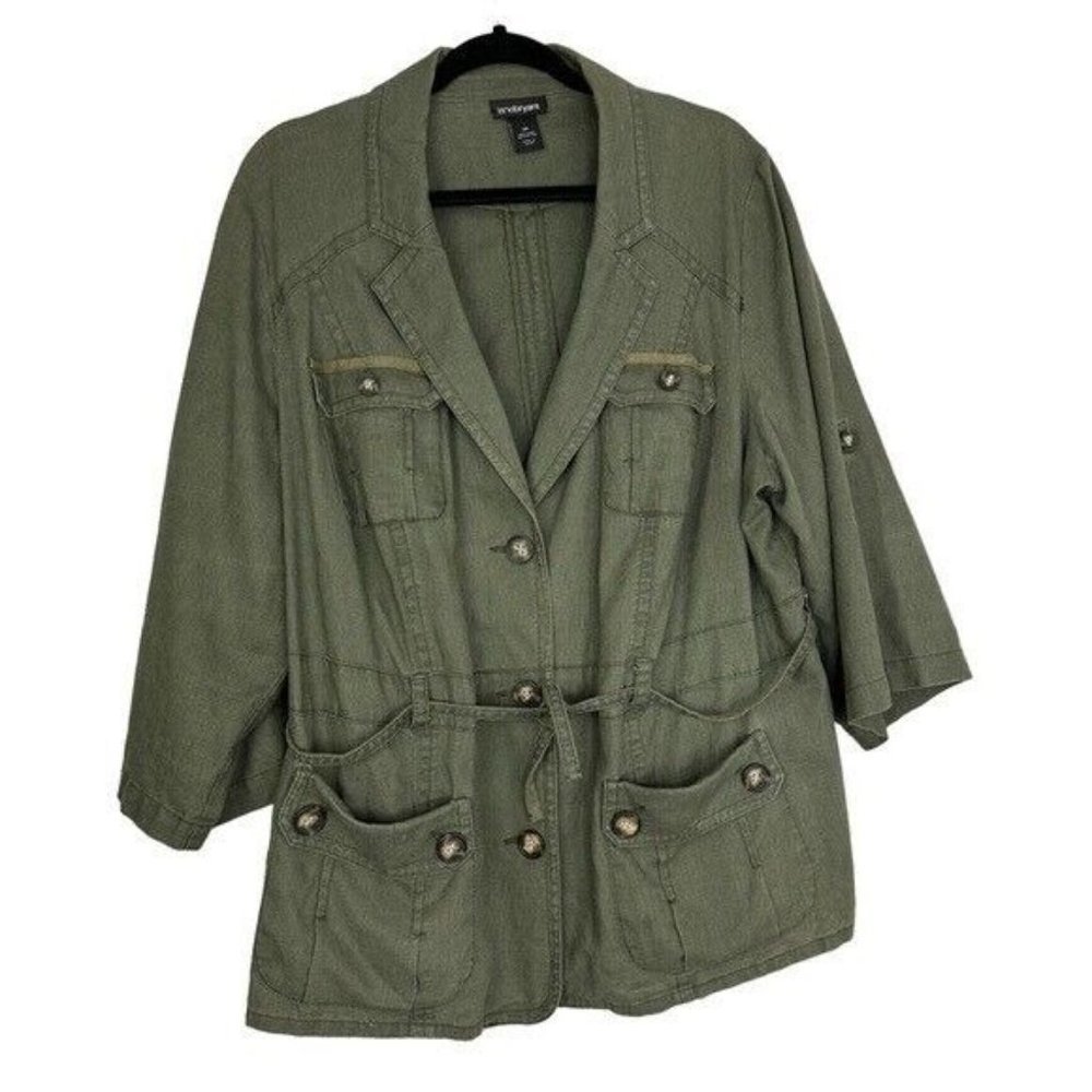 LANE Bryant Linen Green Utility Rollup Sleeves Jacket Size 20 - Picture 3 of 7
